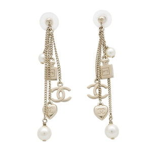 CHANEL Coco Mark Swing Perfume Bottle Heart Faux Pearl Metal Earrings B18B